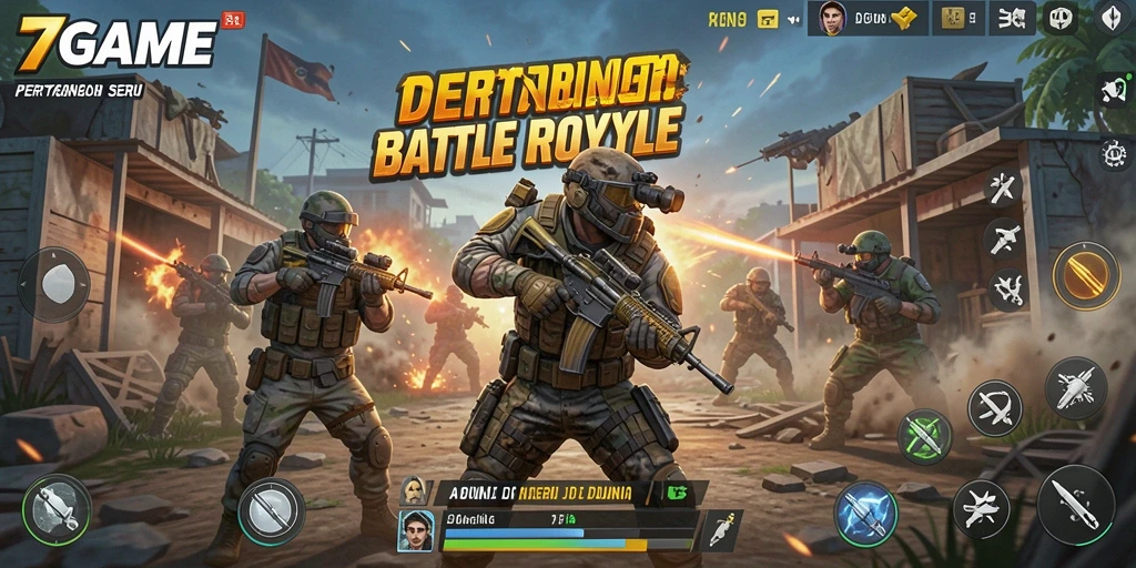 Menampilkan aksi pertarungan intens di arena Battle Royale.