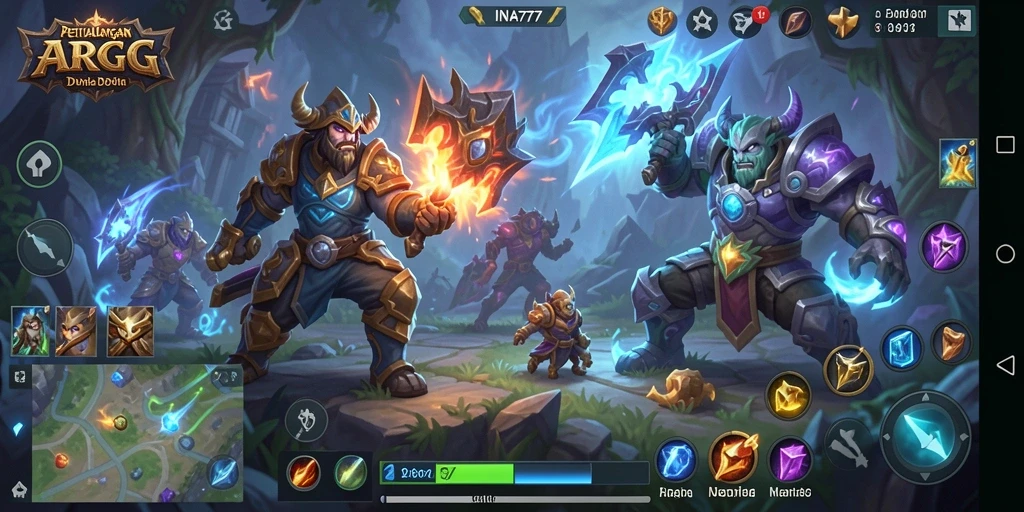 Screenshot utama gameplay ARPG INA777 yang menampilkan pertarungan epik.