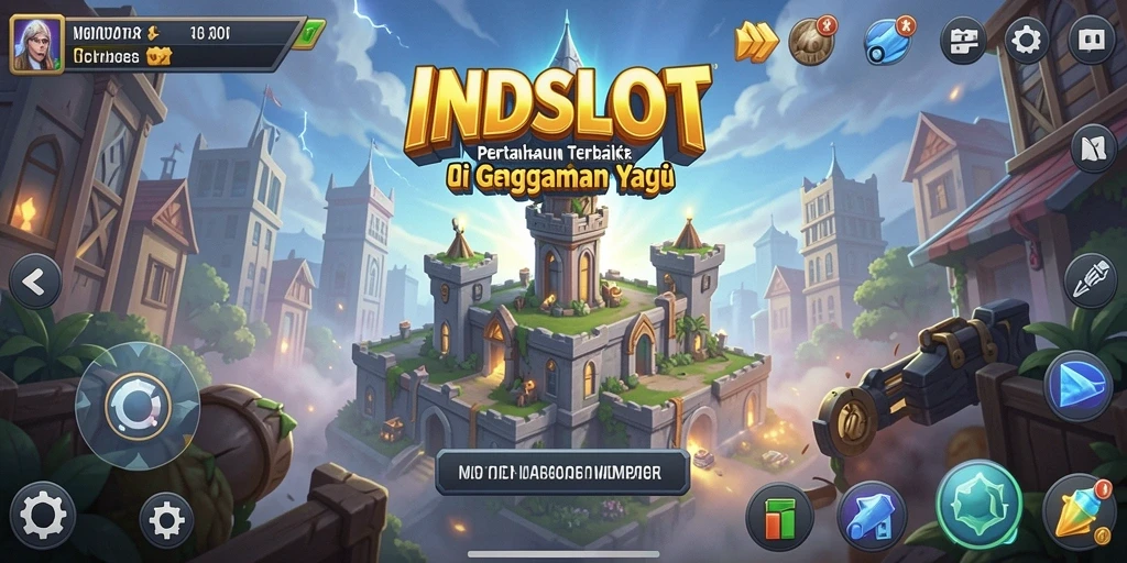 Tampilan gameplay INDSLOT yang menunjukkan pertahanan menara melawan gelombang musuh.