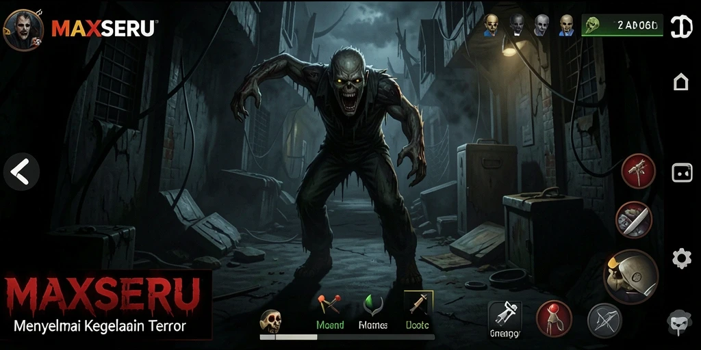 Screenshot gameplay MAXSERU dengan suasana mencekam.