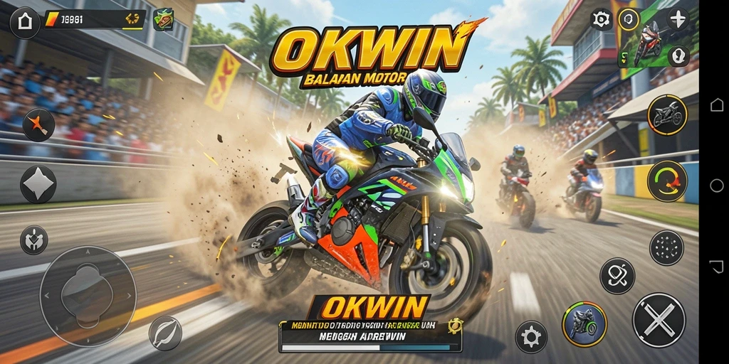 Tampilan gameplay <strong>OKWIN</strong> menampilkan balapan motor yang mendebarkan di jalanan.