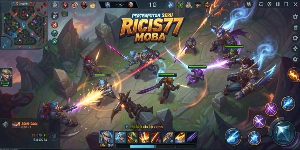 Tampilan seru gameplay RICIS77 dengan karakter dan aksi MOBA yang mendebarkan.