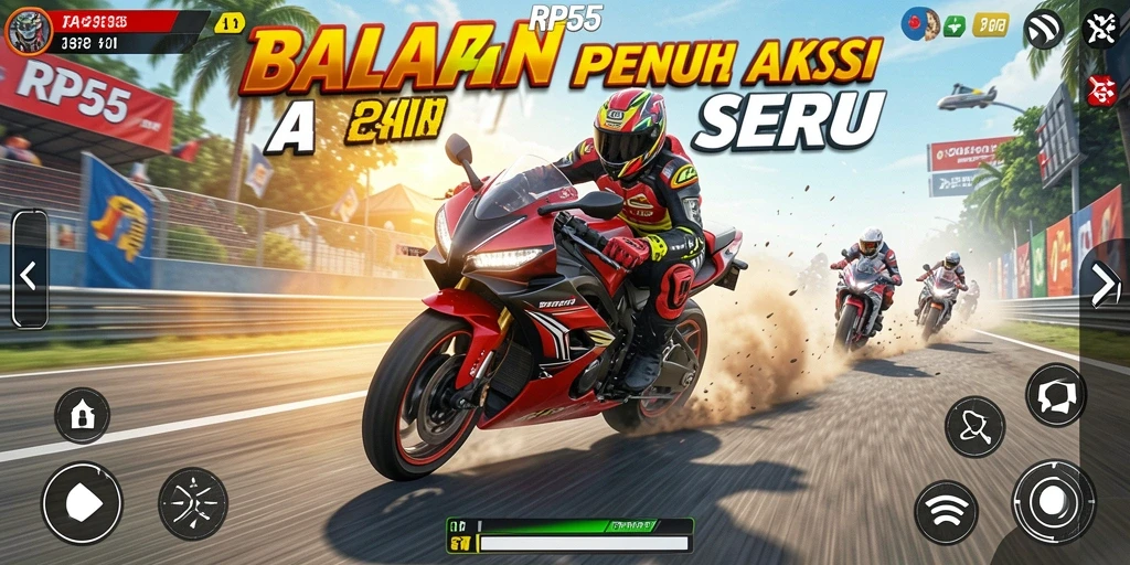 Gameplay seru RP55 dengan balapan motor yang menegangkan.
