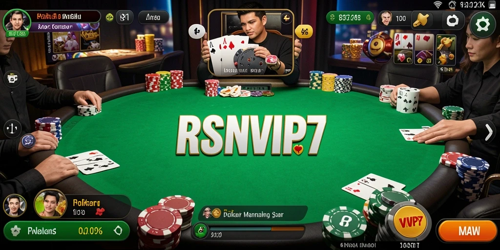 Screenshot gameplay RSNVIP7 yang menampilkan suasana poker yang menggembirakan.