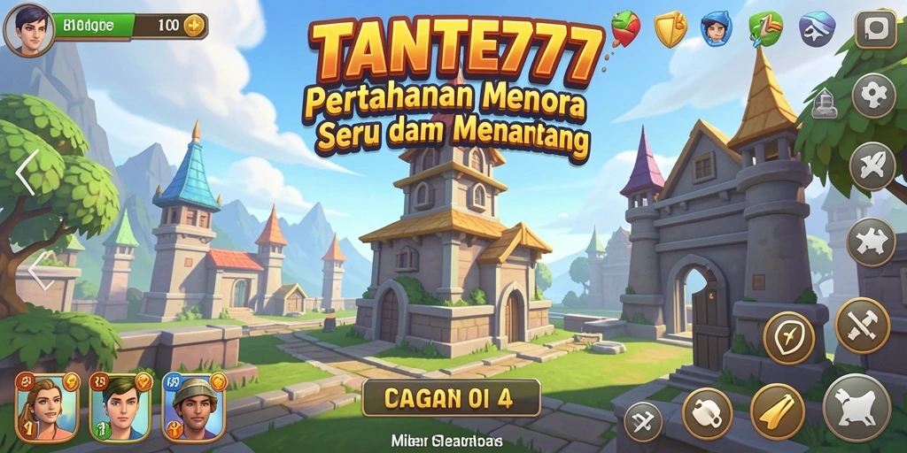 Tampilan gameplay TANTE777 dengan menara dan serangan musuh yang intens.